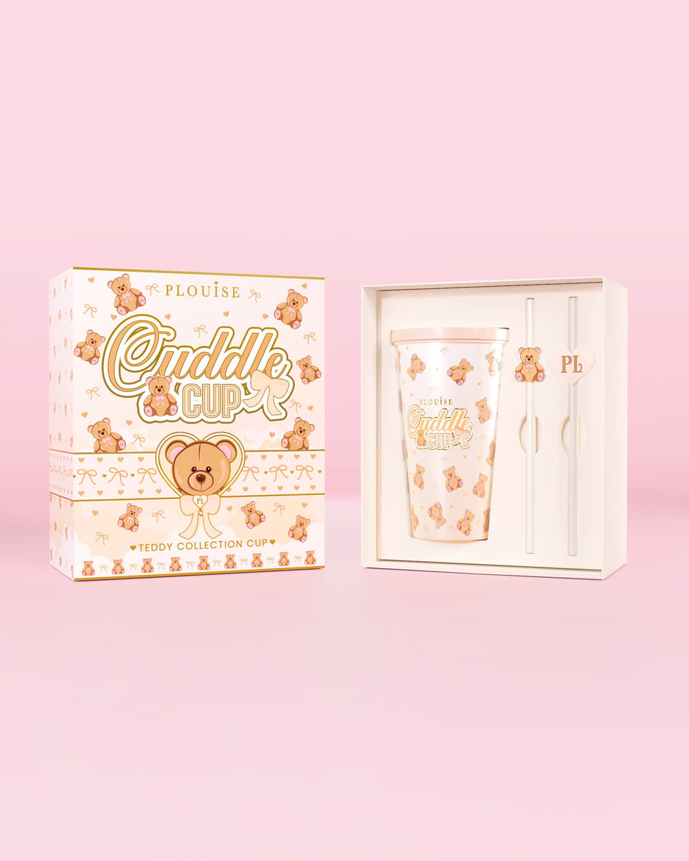 Bild på P.Louise Teddy Bear Steel Cuddle Cup Tumbler & Straw i förpackning med nalletryckdesign