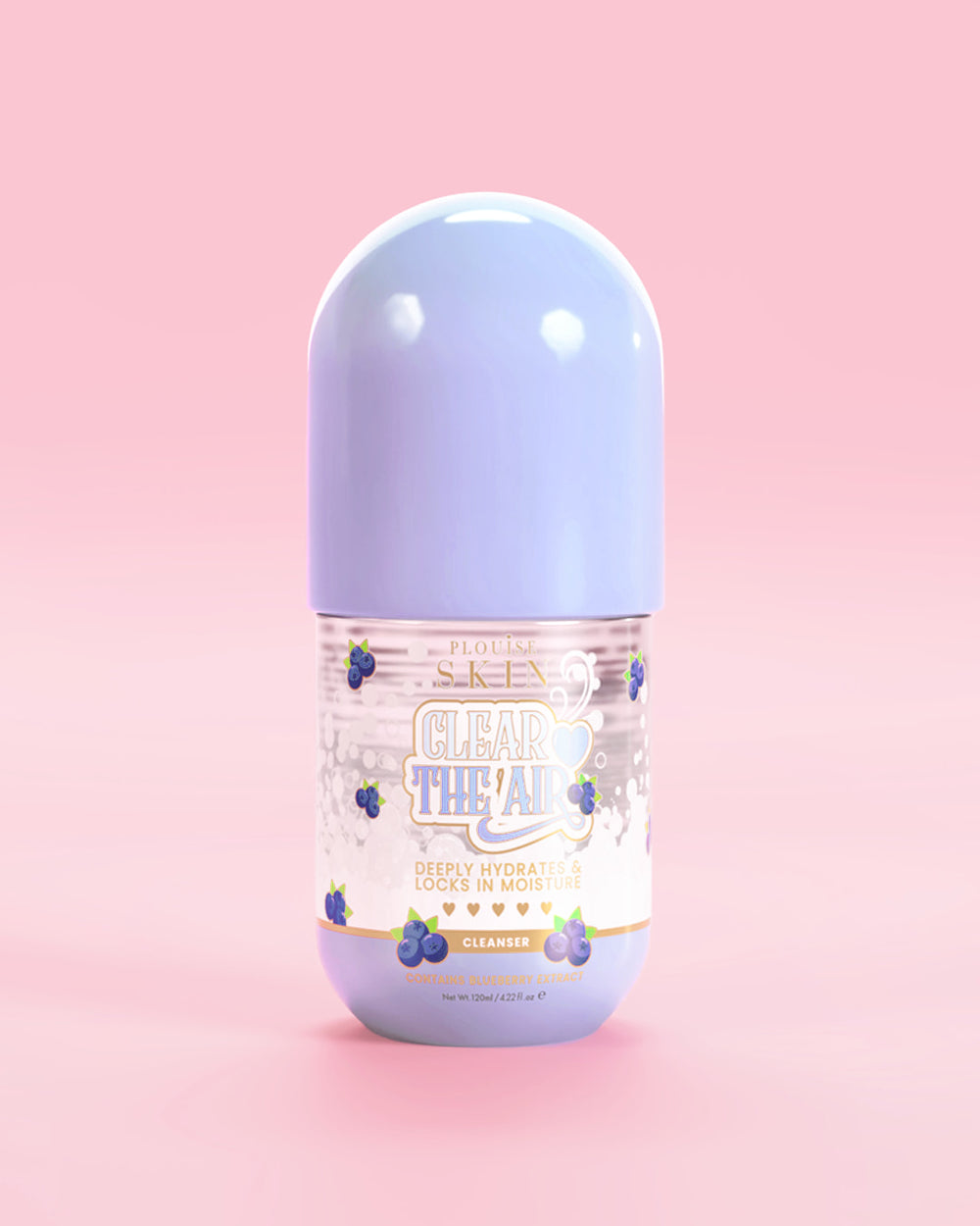 Flaska P. Louise Clear The Air Blueberry Gel Cleanser på rosa bakgrund