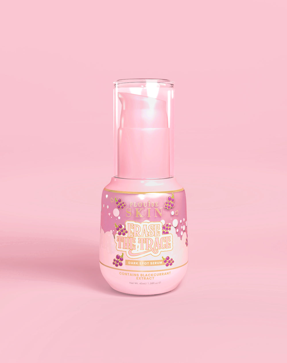 Rosa flaska P. Louise Erase The Trace Dark Spot Correcting Serum på en rosa bakgrund