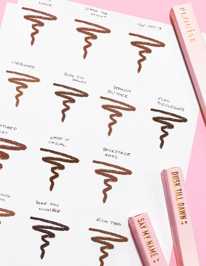 En bild av ett papper med klotter som visar varje nyans och namn av P.Louise Ultimate Definition Sharpenable Lip Liner