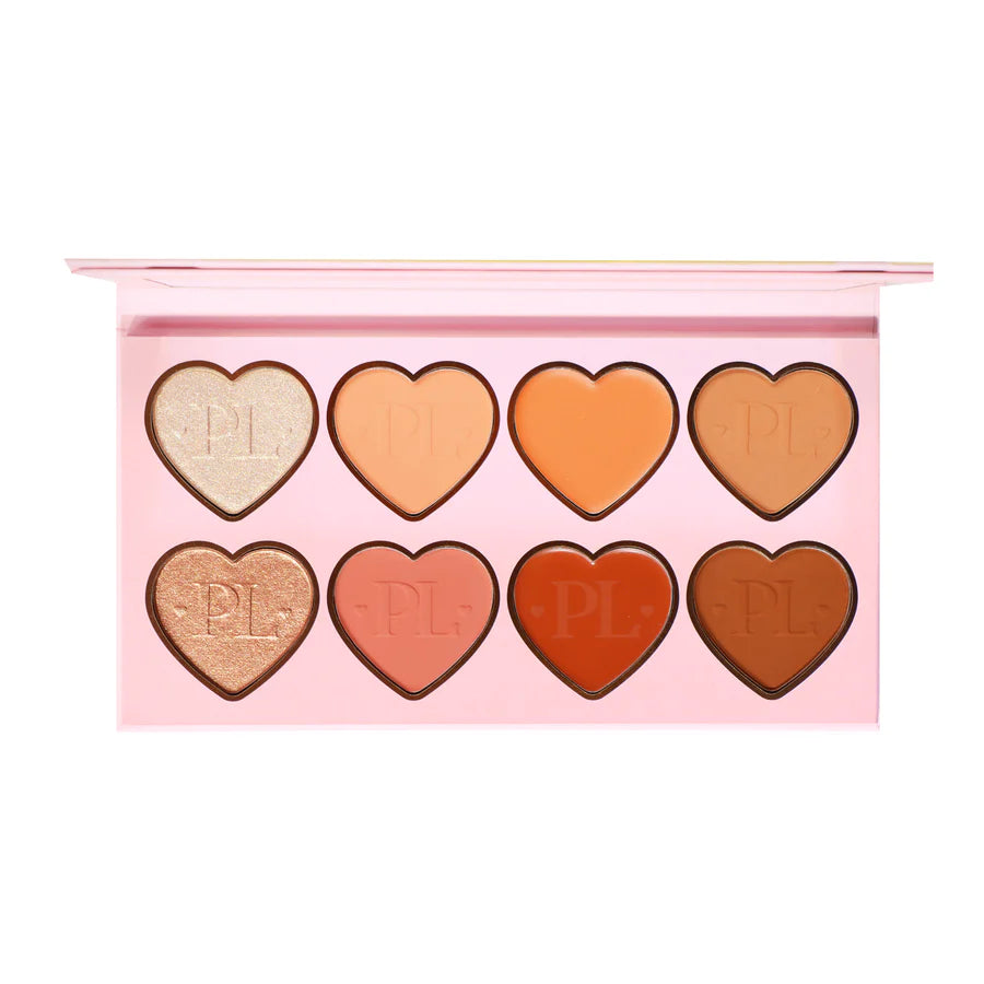 En bild av P.Louise All Over The Place Face Palette med olika färgnyanser som visas i kärlek-hjärta former