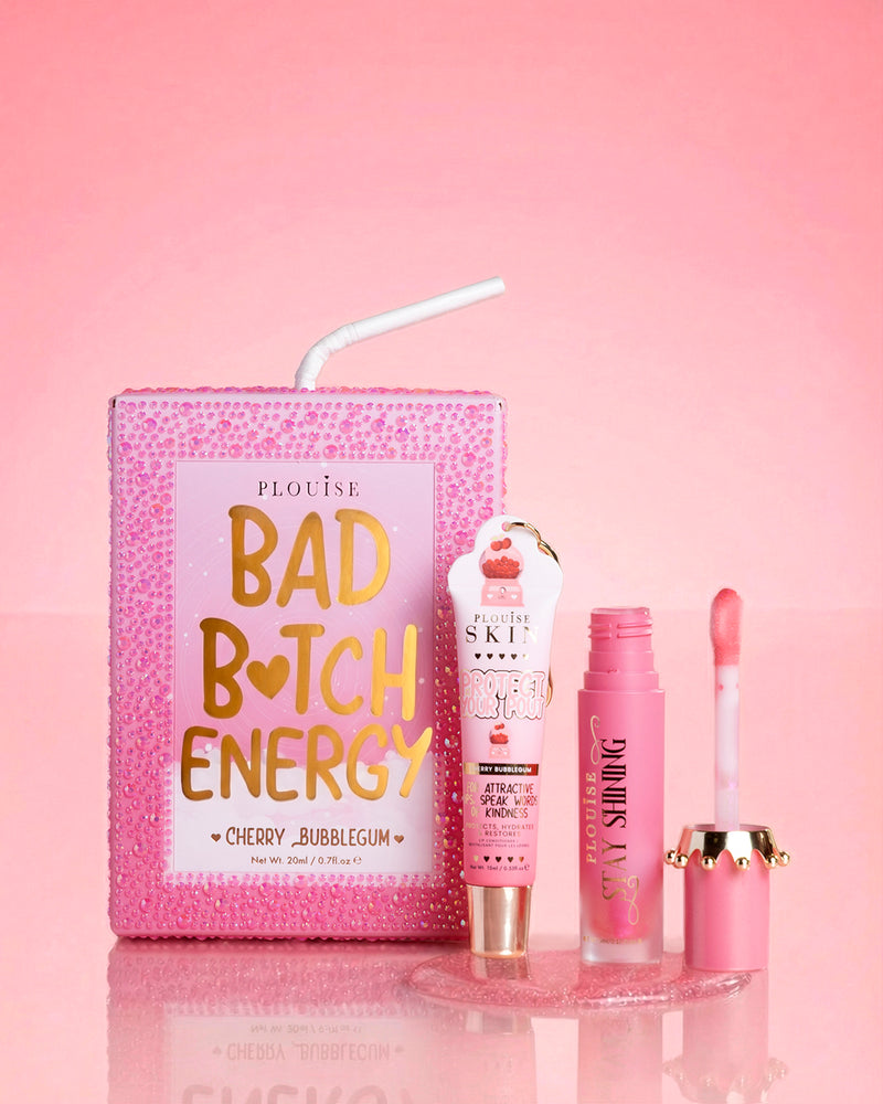 Rosa P.Louise crystal glitter bad bitch energy lip duo i körsbärsbubbla med en glansig läppolja och läppbalsam
