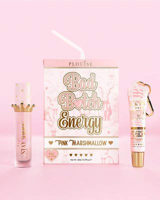 P.Louise 'Bad Bitch Energy' pink marshmallow lip duo set on a pink background