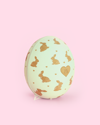 Green round velvet P.Louise beauty easter egg with gold embroidered bunnies and gold logo