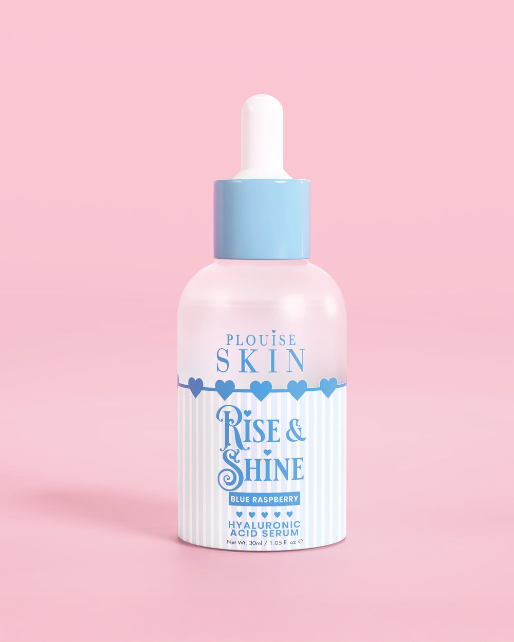 Blå och vit flaska PLouise Rise and Shine Hyaluronic Serum i blått hallon