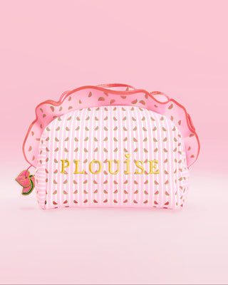 Pink and white stripedP.Louise makeup and skincare bag with frills and watermelon graphics