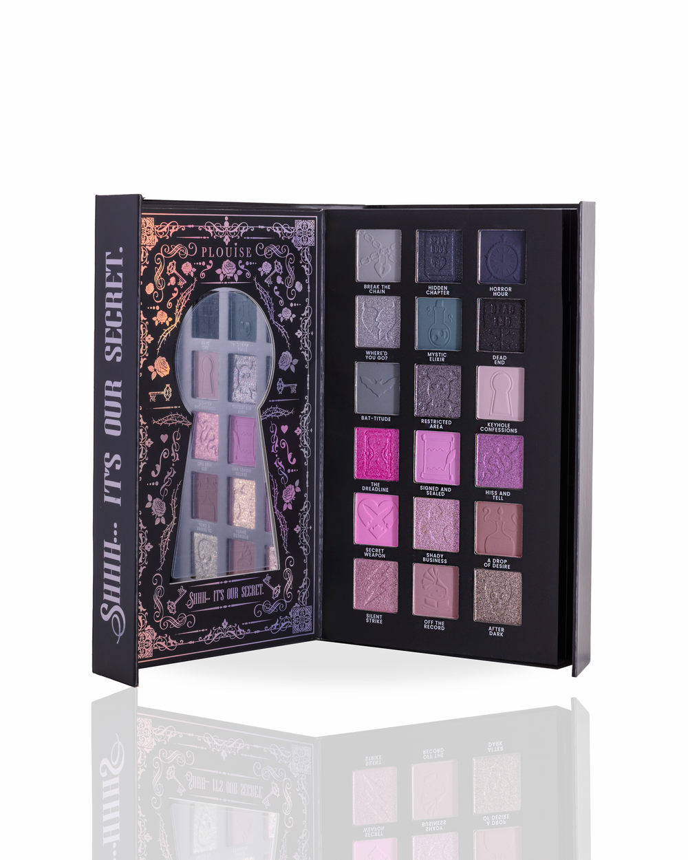 Page 2 of a halloween eyeshadow palette by P.Louise showing 16 shades, displayed open to show both the decorated black outer cover with a mirror and the inner palette containing various shades of purple, pink, blue, and gray.