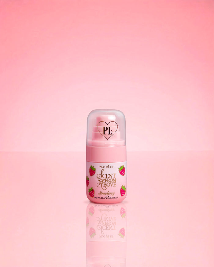 P.Louise Mini Strawberry Hair & Body Mist Scent From Above on a pink background